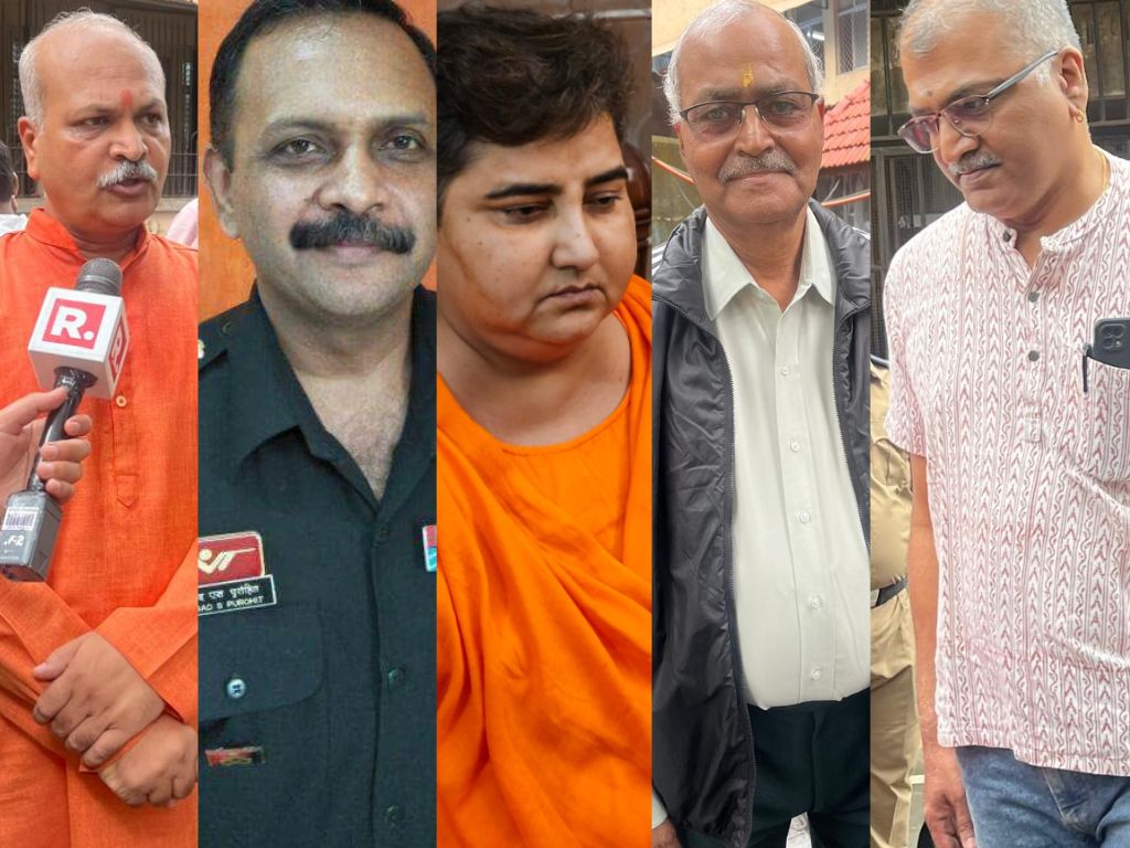 From left, Sameer Kulkarni, Prasad Purohit, Pragya Thakur, Ramesh Upadhyay and Ajay Rahirkar – five of the seven Malegaon blast accused. Photos: File and by arrangement.
