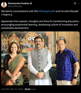 Union education minister Dharmendra Pradhan's post on X congratulation Wangchuk.