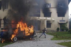 Protesters vandalize and burn down Nepalese communist party office during protests against social media ban and corruption in Kathmandu, Nepal, Tuesday. Photo: AP/PTI