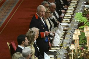  Britain's King Charles stands to deliver a speech at a State Banquet in Windsor Castle, England