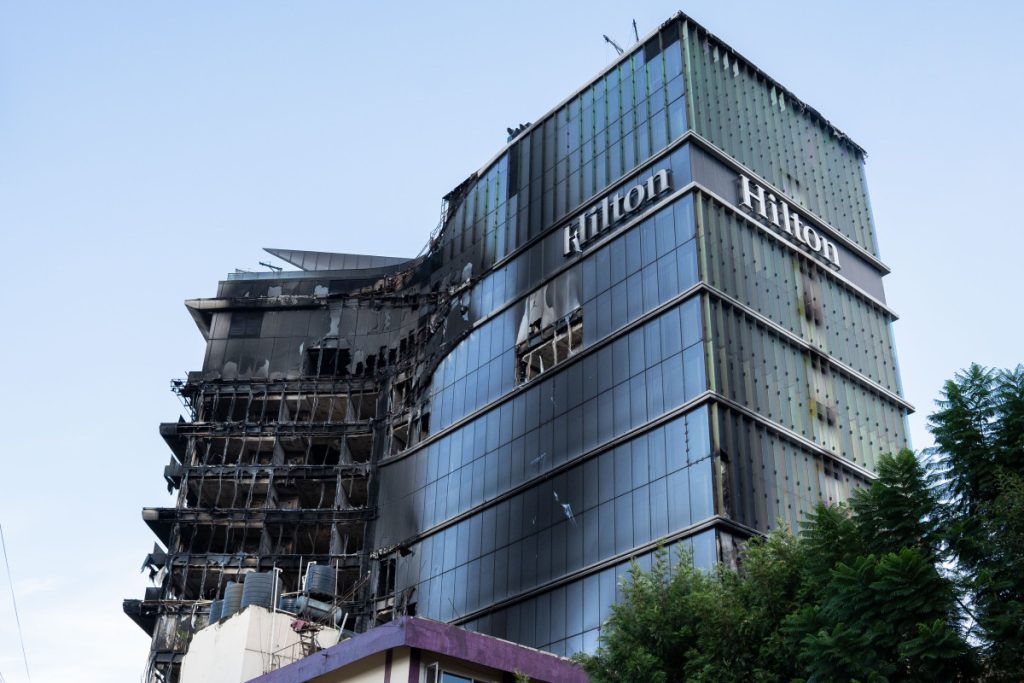 Hilton hotel in Kathmandu after protestors set it on fire. Photo: Manjit Lama