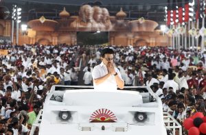 Tamil Nadu Chief Minister MK Stalin at DMK's 'Mupperum Vizha' event, in Karur, Tamil Nadu, Wednesday, Sept. 17, 2025.