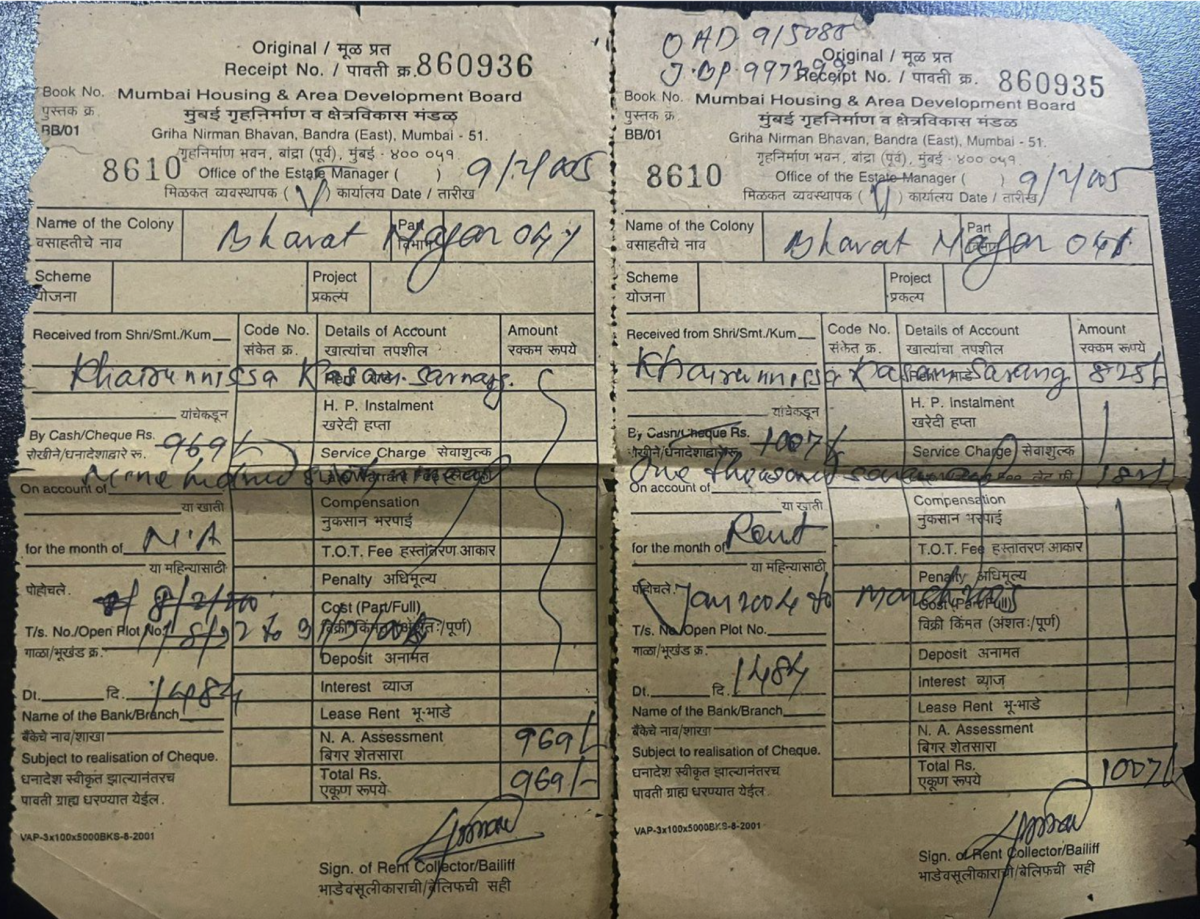 A resident’s rent receipt in Bharat Nagar. Photo: Fight For Wrong News & Media