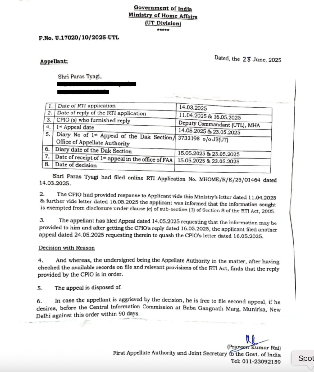 The MHA's response to an RTI application filed by Paras Tyagi.