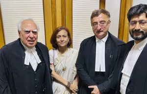 Climate activist Sonam Wangchuk�s wife Gitanjali Angmo with Advocates Kapil Sibal (left), Vivek Tankha (second from right) and Sarvam Ritam Khare (right)
