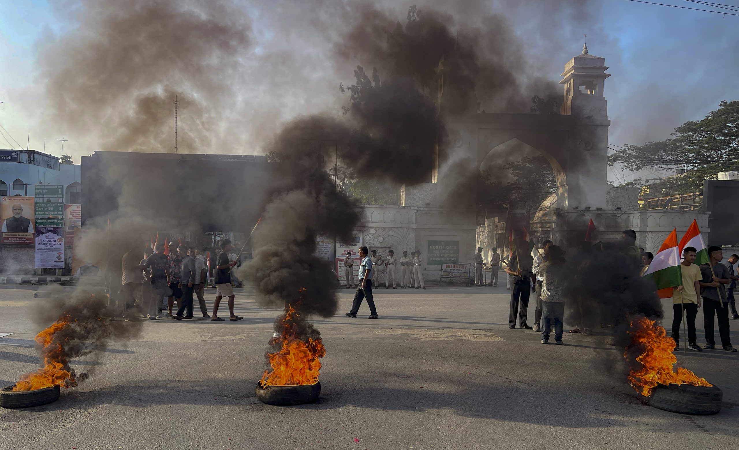 Smoke and flames from tyres set on fire during the October 23 bandh in Tripura.Photo: PTI October 23, 2025 Tripura protest, riot, violence Debbarma tribal protests, BJP, Tripura accord
