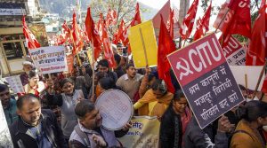 Centre of Indian Trade Unions (CITU) activists raise slogans during a protest against four labour codes, outside DC office, in Shimla, Himachal Pradesh, Wednesday, Nov. 26, 2025. (PTI 