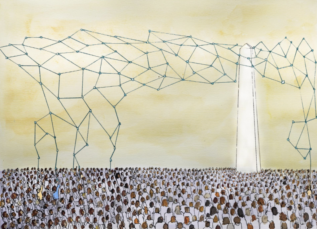 The picture uses the metaphor of an ivory tower to show where decision making is done, with a representation of a neural network coming out of it, above a crowd of people's heads.
