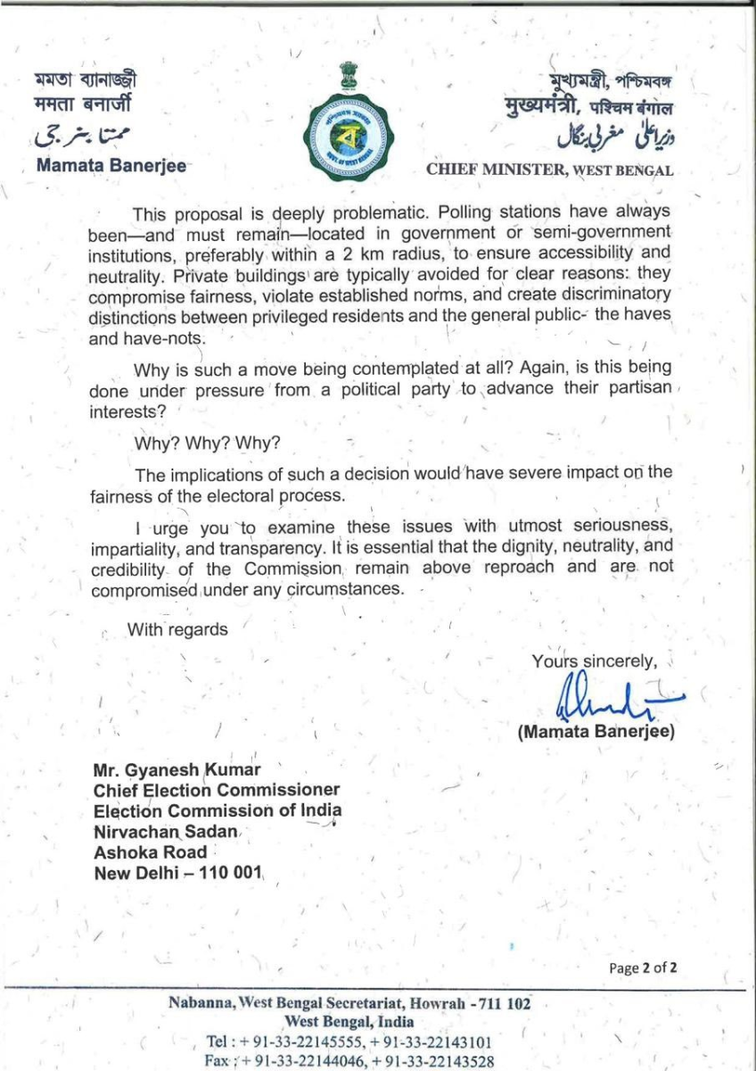 mamata banerjee letter to gyanesh kumar, cec, election commission