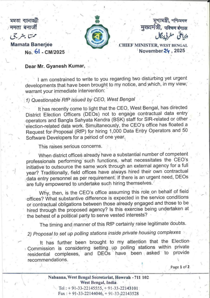 mamata banerjee letter to gyanesh kumar, cec, election commission