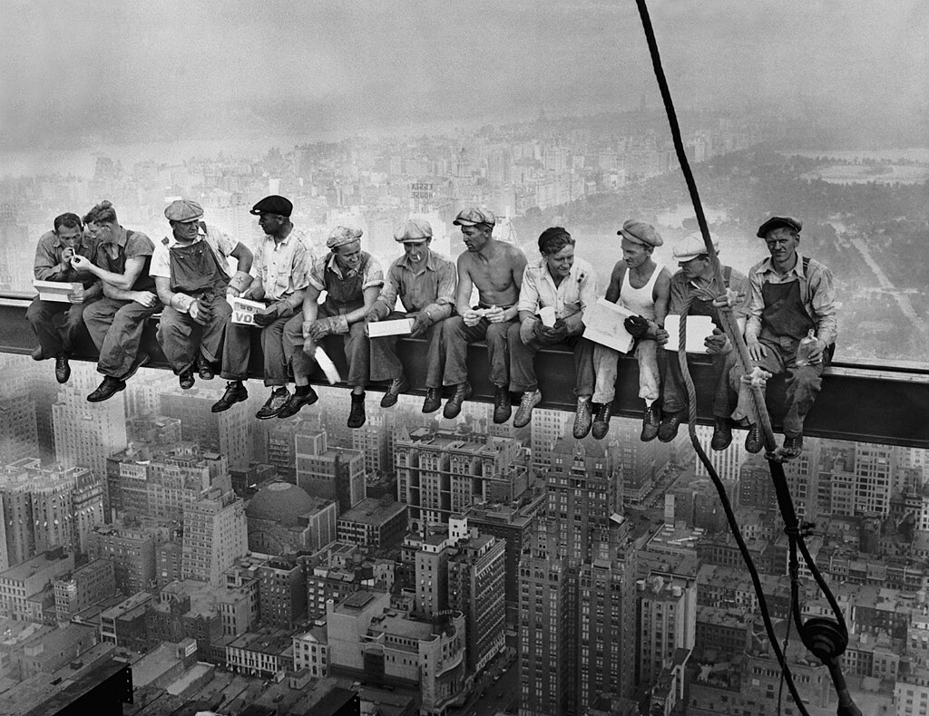 Lunch atop a Skyscraper, published in the New York Herald-Tribune, Oct. 2 1932, Charles Clyde Ebbets, Tom Kelley, or William Leftwich. Photo: Wikimedia Commons
