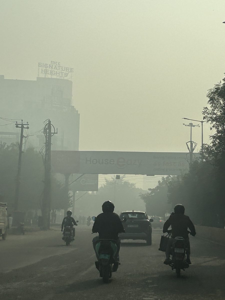 Cars on a Ghaziabad road amid heavy smog in December.