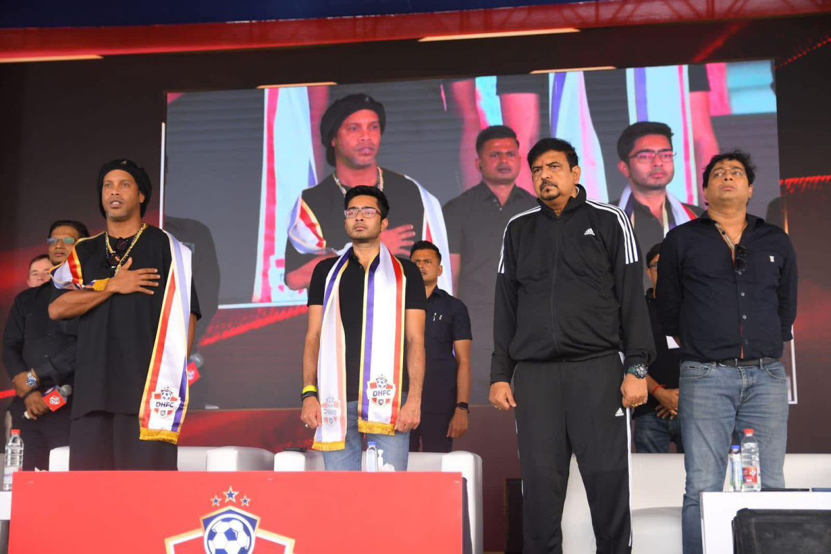 Brazilian football legend Ronaldinho seen with TMC leader AbhishekBanerjee, TMC Minister Sujit Basu and Brazilian football legend Ronaldinho seen with TMC leader Abhishek Banerjee, TMC ministers Sujit Basu and Satadru Dutta.