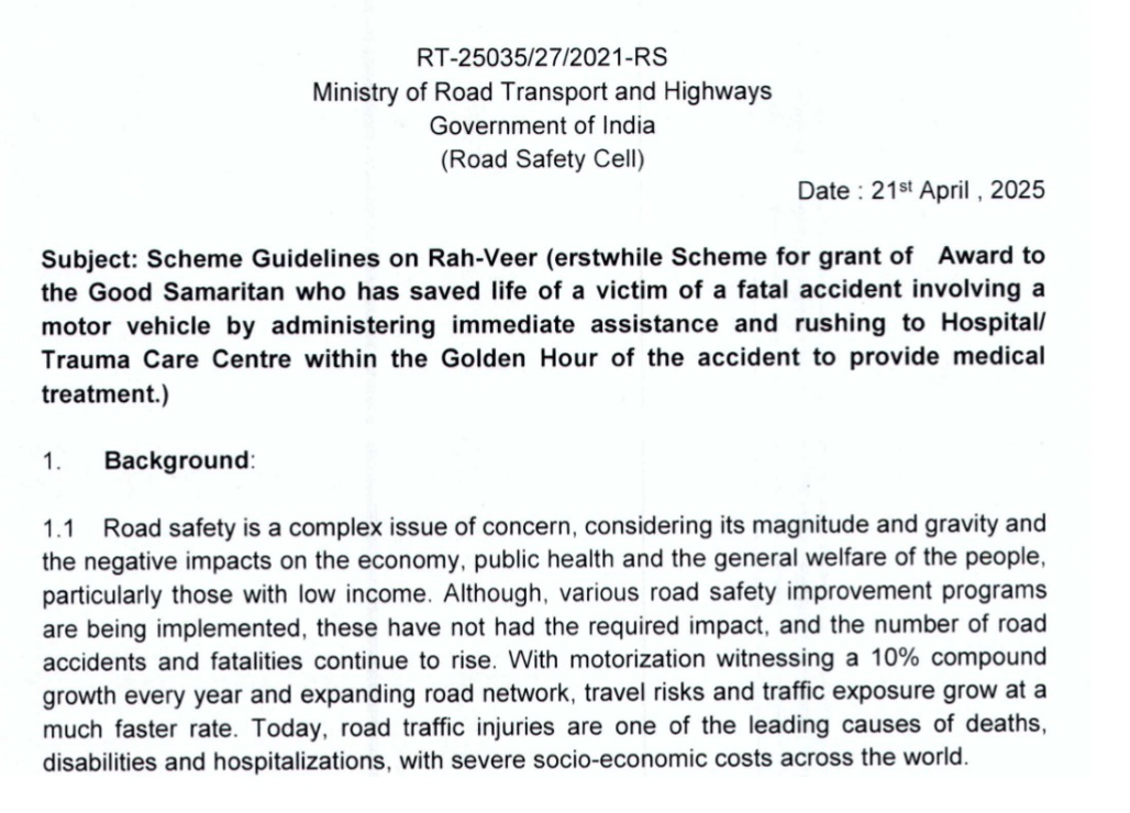 A Union Ministry of Road Transport and Highways notification from April 2025 on the scheme (renamed to Rah-Veer Yojana).
