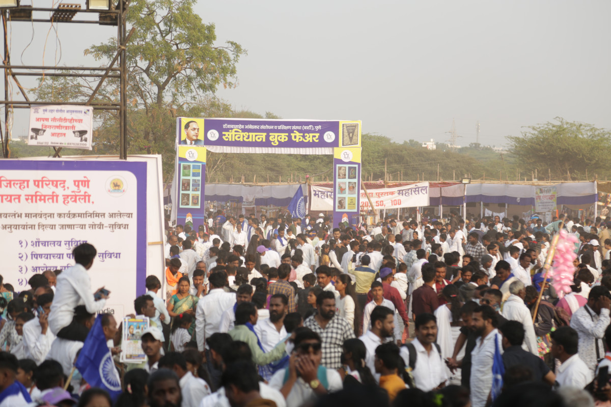 A large crowd near the Jaystambh at Bhima Koregaon, Pune district, Maharashtra.
