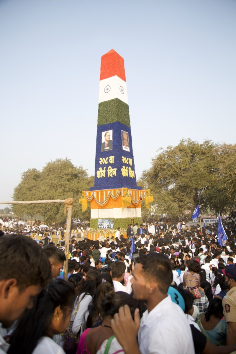 The Jaystambh at Bhima Koregaon, decorated with the tricolour and images of Ambedkar.
