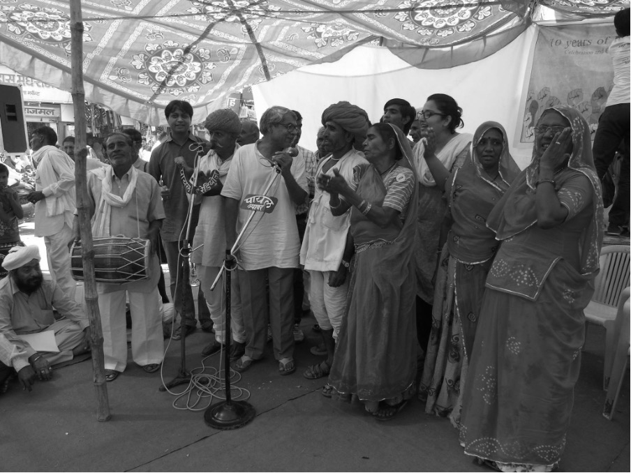 Group of workers singing and demanding right to work at a dharna in Rajasthan in 2012-13. Photo: Mazdoor Kisan Shakti Sangathan