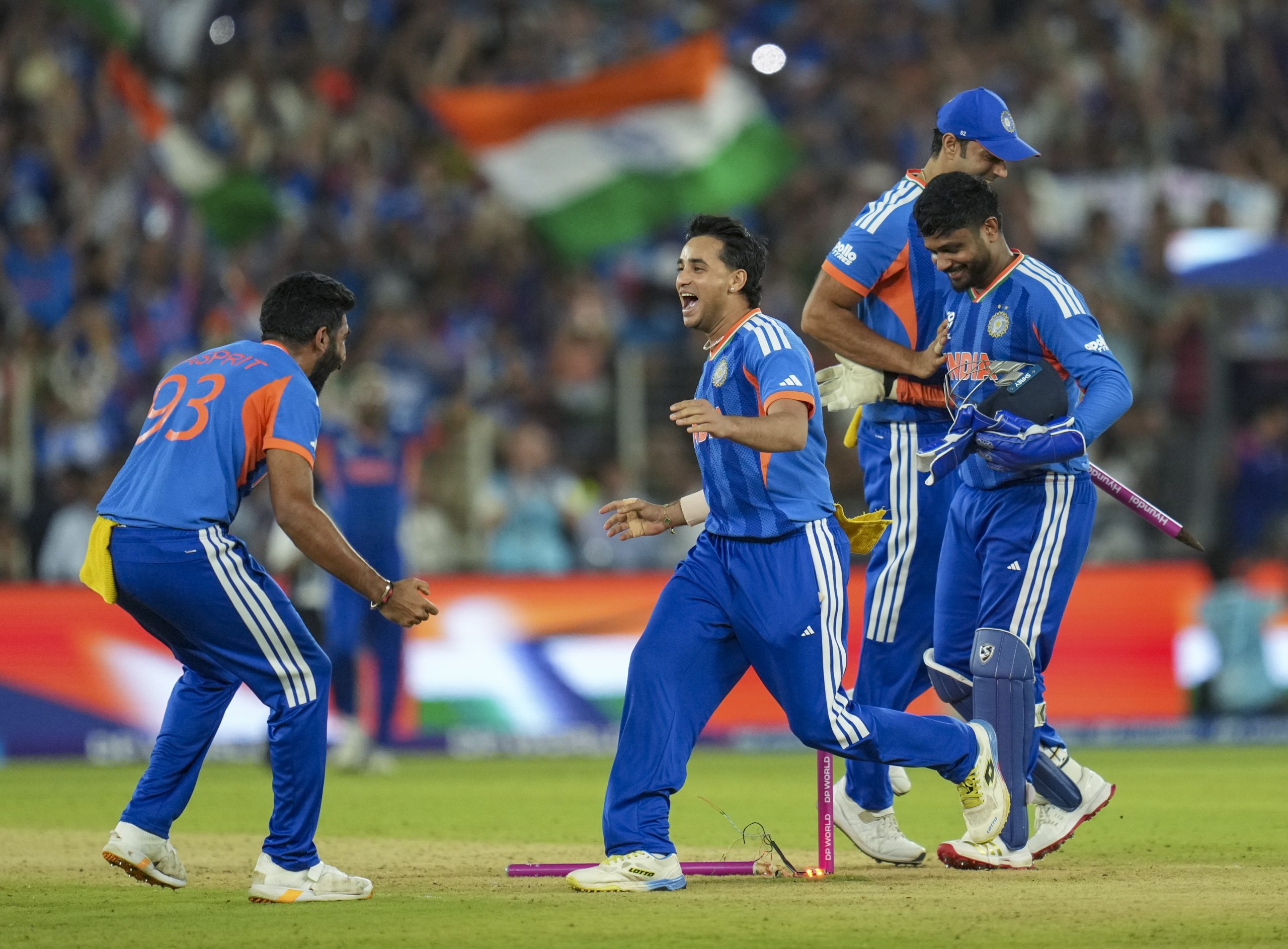Jasprit Bumrah, Abhishek Sharma, Sanju Samson and Shivam Dube celebrate India's T20 World Cup win. 