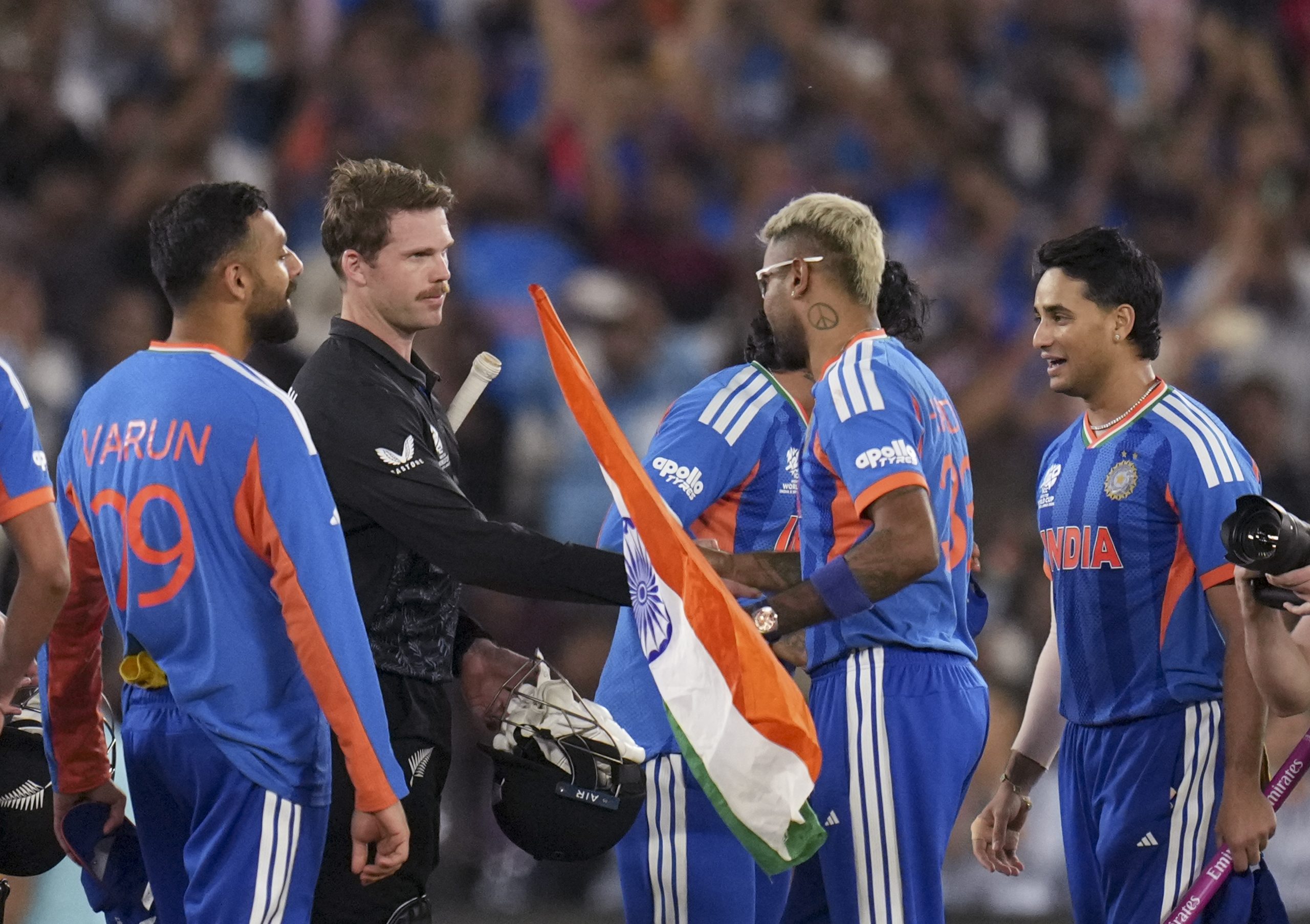 Hardik Pandya and others celebrate T20 world cup win.