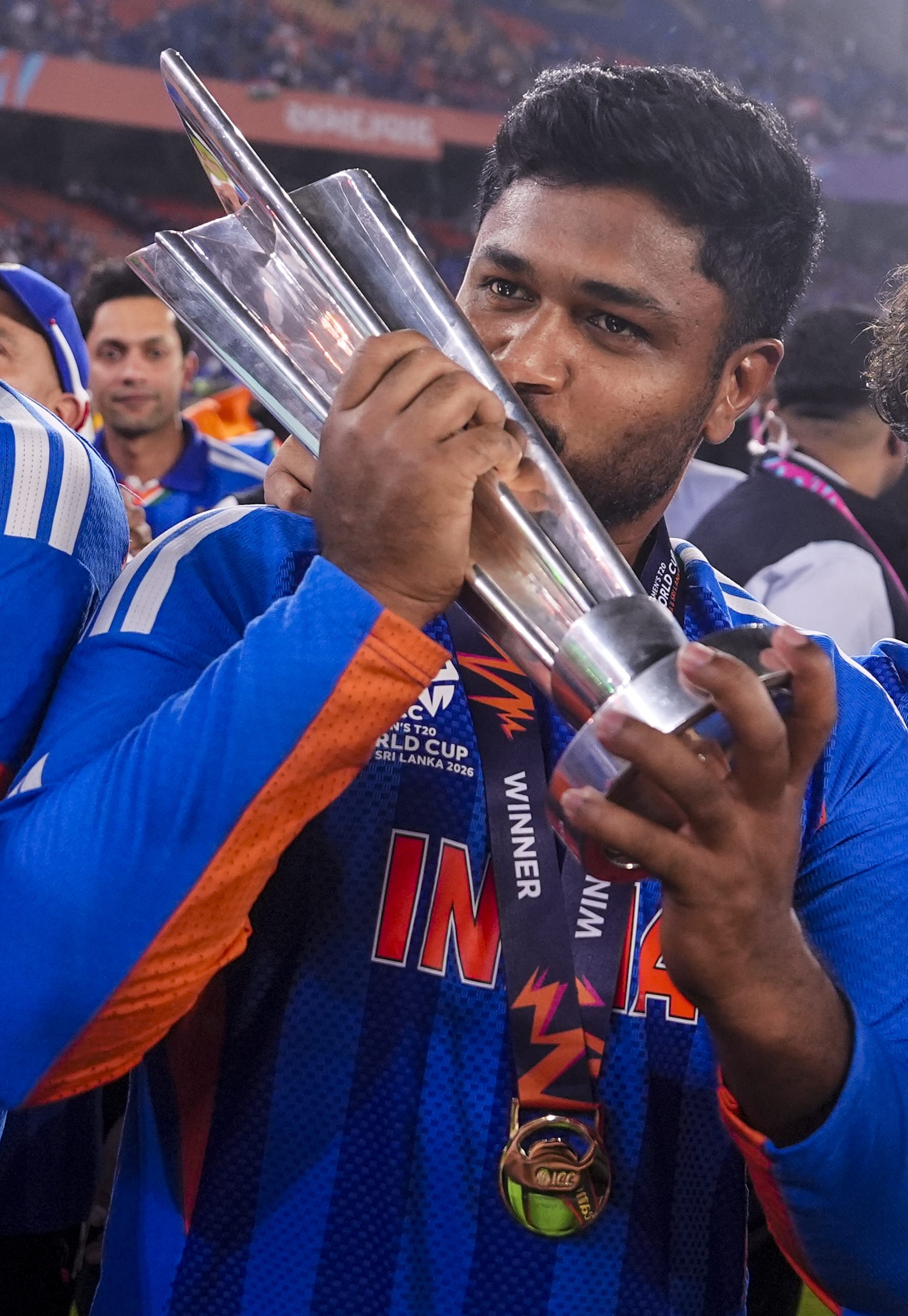 Sanju Samson with ICC World Cup trophy.