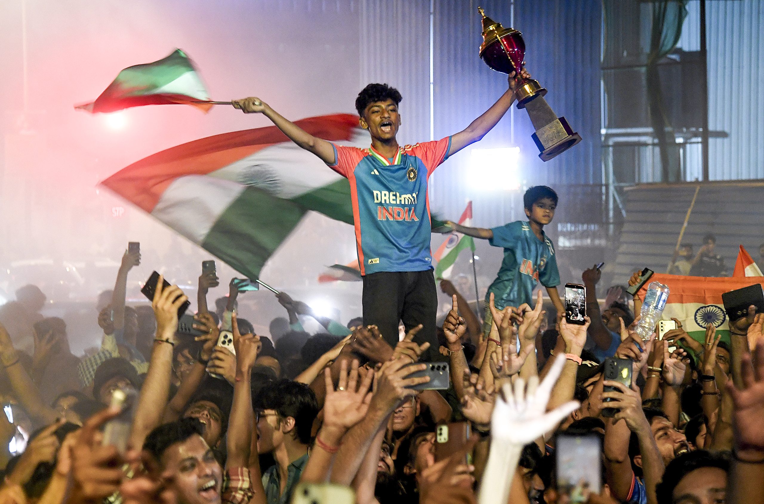 Cricket fans in Mumbai celebrate t20 world cup 2026 win.
