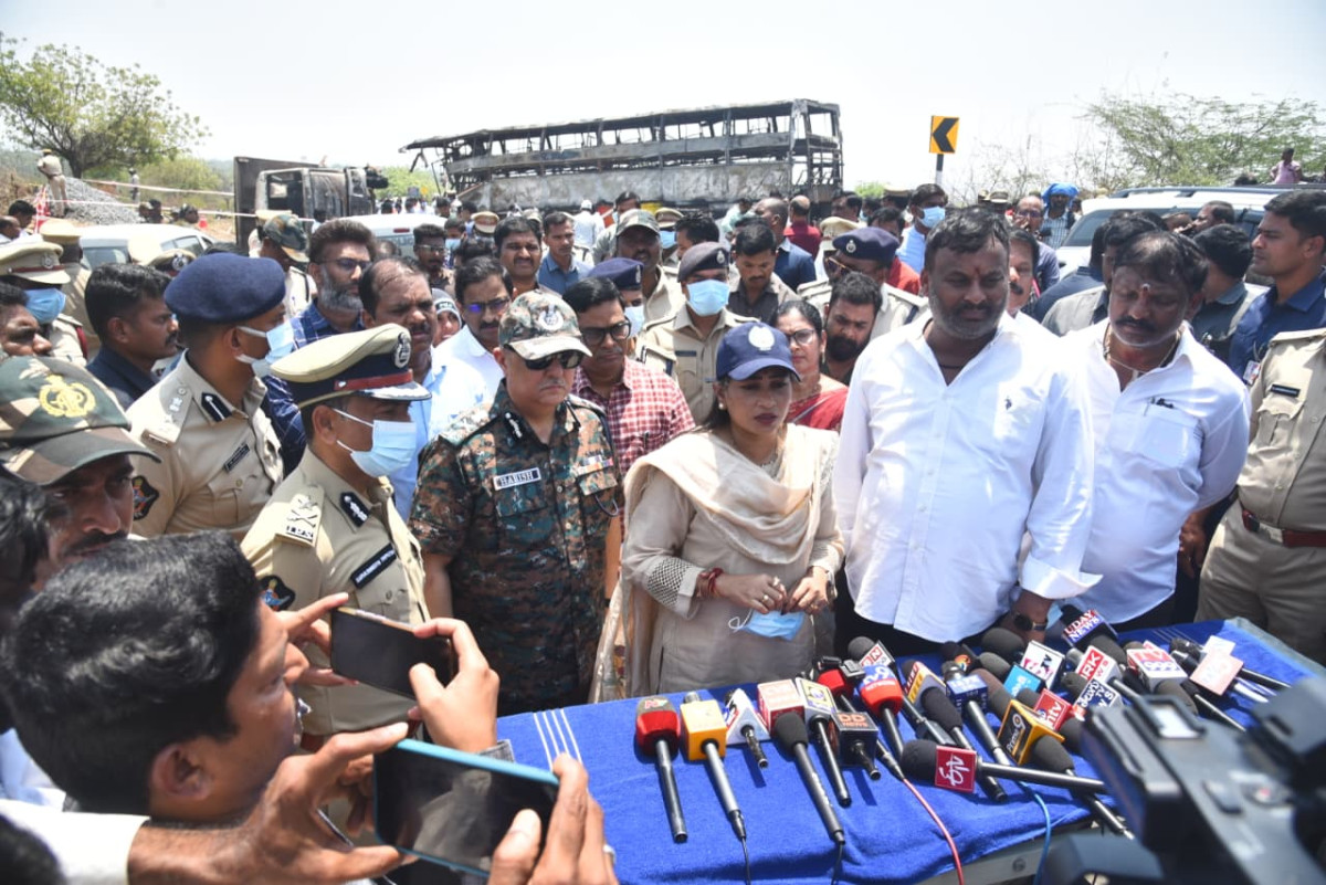 Andhra Bus accident minister visiting site. 