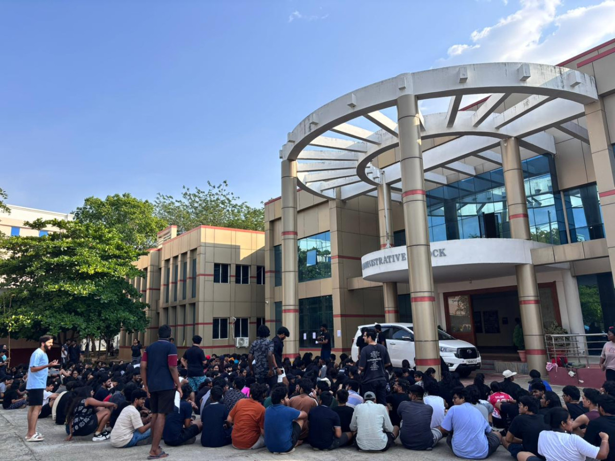 TNNLU students' protest outside administrative block over V-C Nagaraj's remarks, on April 16, 2026. Photo: By arrangement