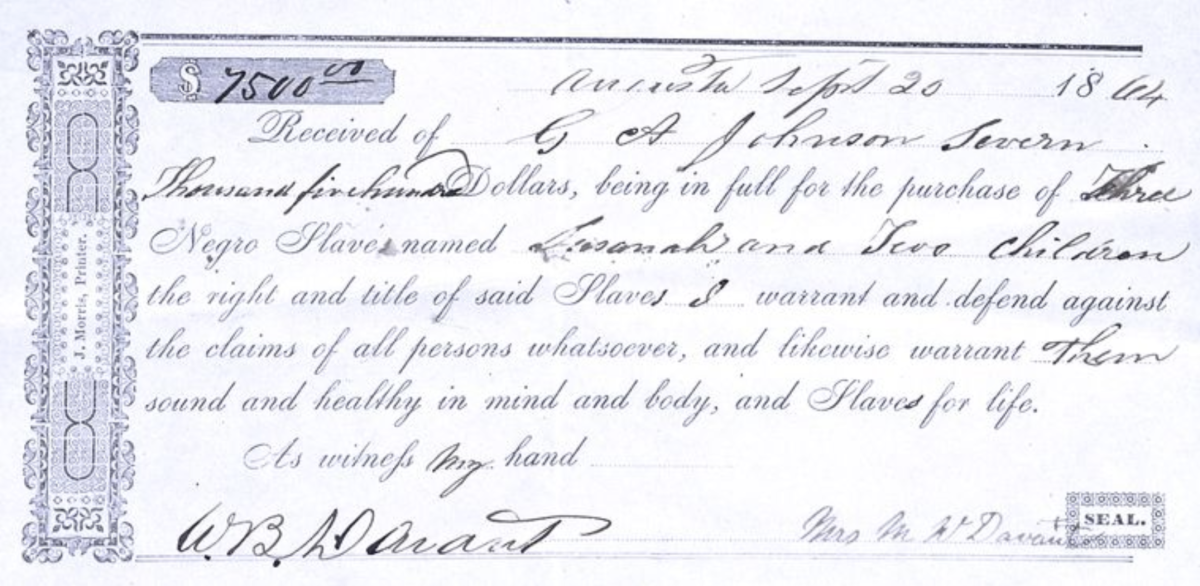 Slave sale receipt, Louisiana, 1864