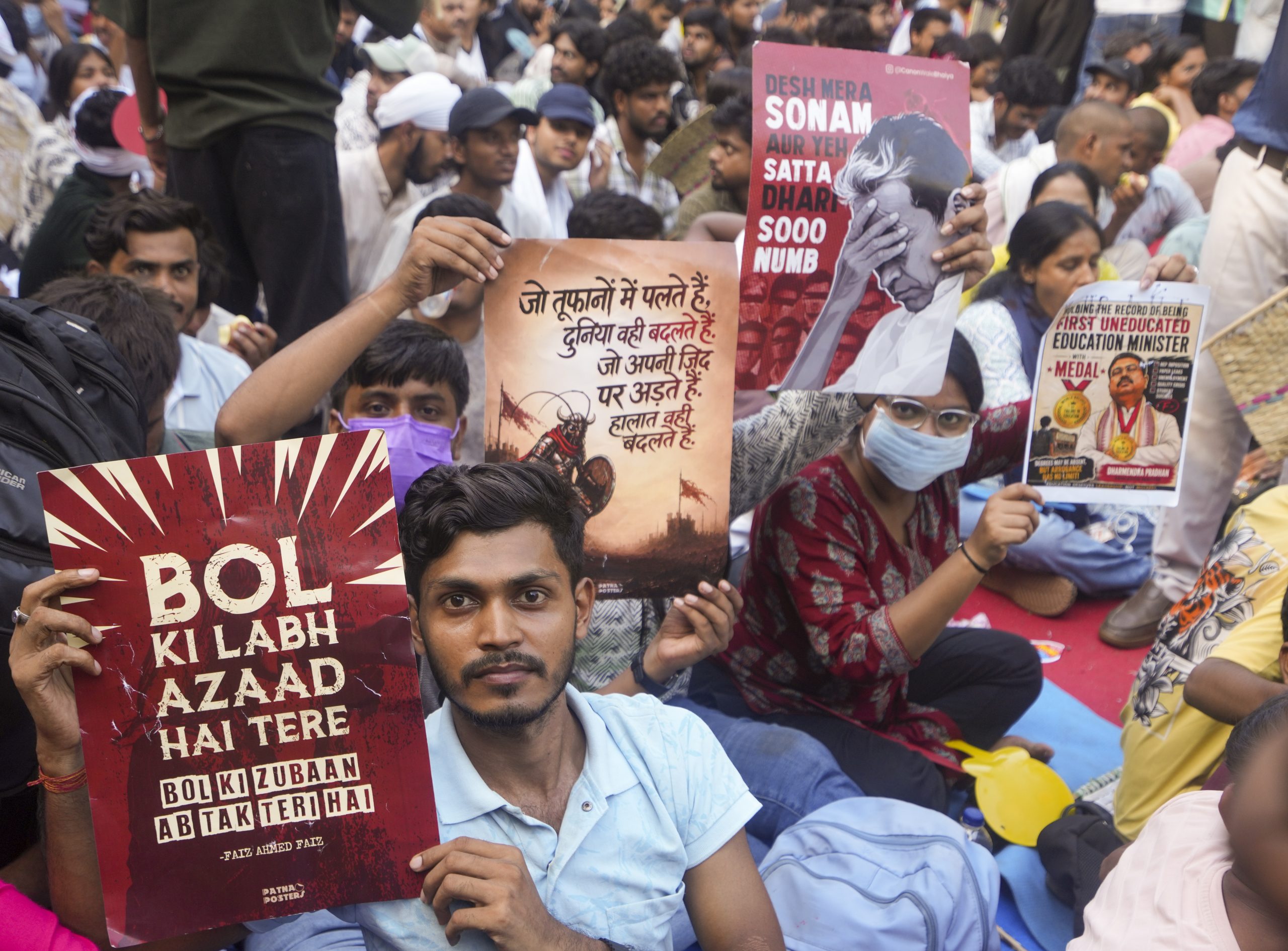 Protestors holding banners in Janatar Mantar, New Delhi
