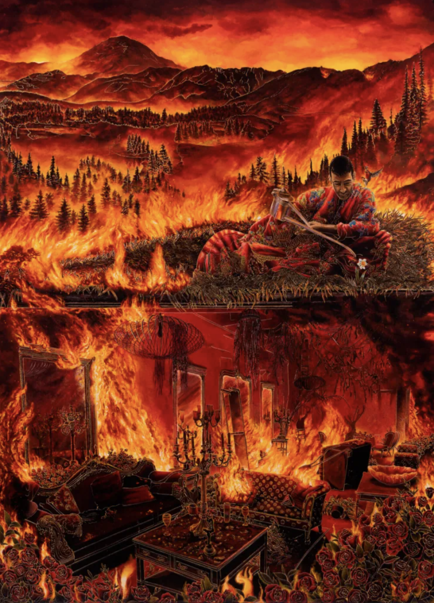 “When the Thing with Feathers Turned Red (after Tintoretto)” – by Kashmiri artist Raqib Shaw (2021-22) – depicting fires in Srinagar and the artist’s London studio. Image courtesy Raqib Shaw and KGMA