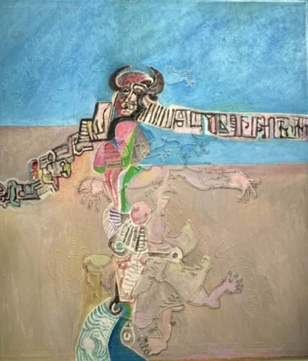 Mohan Samant’s “Kathakali Dancer” (1990), 67x60in oil, spackle, wire and mixed media on canvas