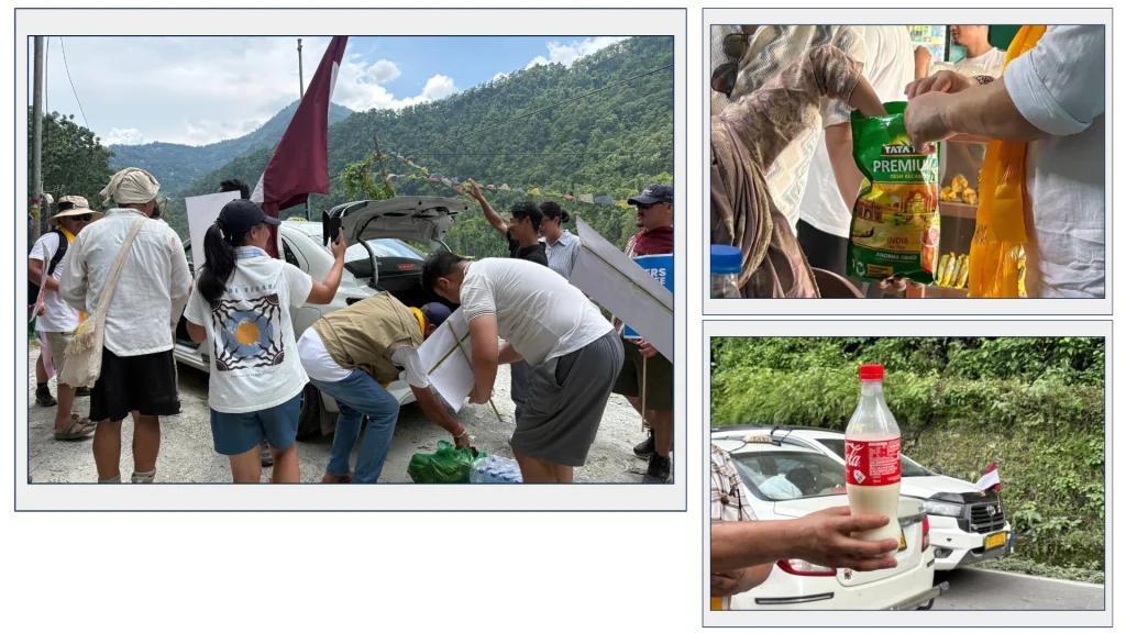 Sharing food brought by supporters along the way. 