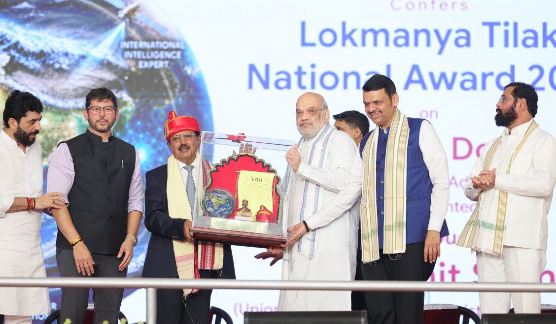 Home minister Amit Shah conferring the 'Lokmanya Tilak National Award 2026' to NSA Ajit Doval in Pune, on August 1. Photo: X/@AmitShah