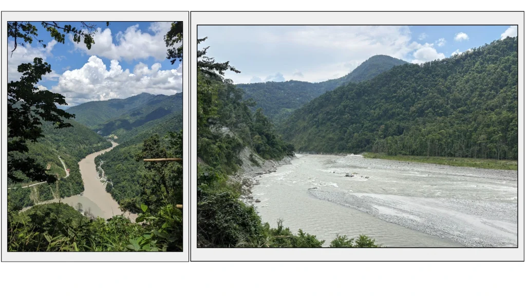 (Left) Tribeni from Lover’s Meet View Point in Kalimpong district on Peshok Road (2024); Teesta River from Kirney, Kalimpong district, West Bengal. Photo: Aakriti Thatal