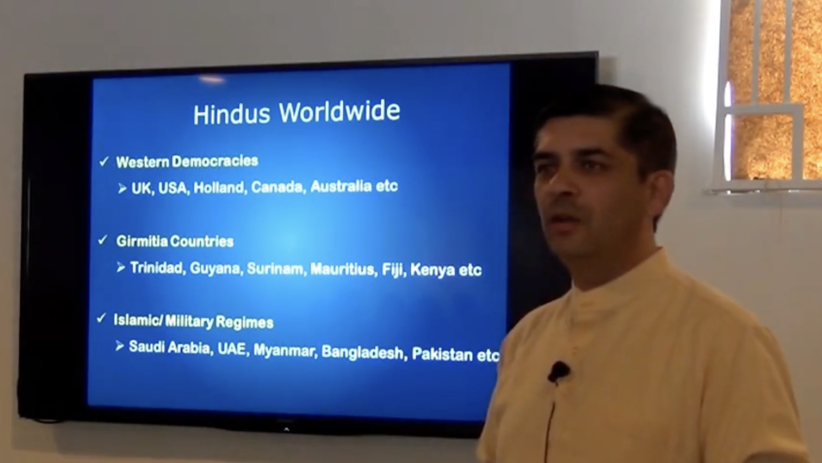 Saumitra Gokhale addressing a diaspora event on 'Growing RSS and HSS work all over the world' back in 2016. Photo: Screengrab via YouTube/BharatiyaVicharManch