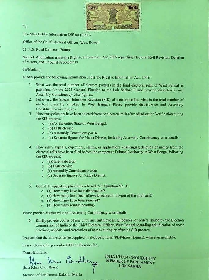RTI application filed by Congress MP Isha Khan Choudhury