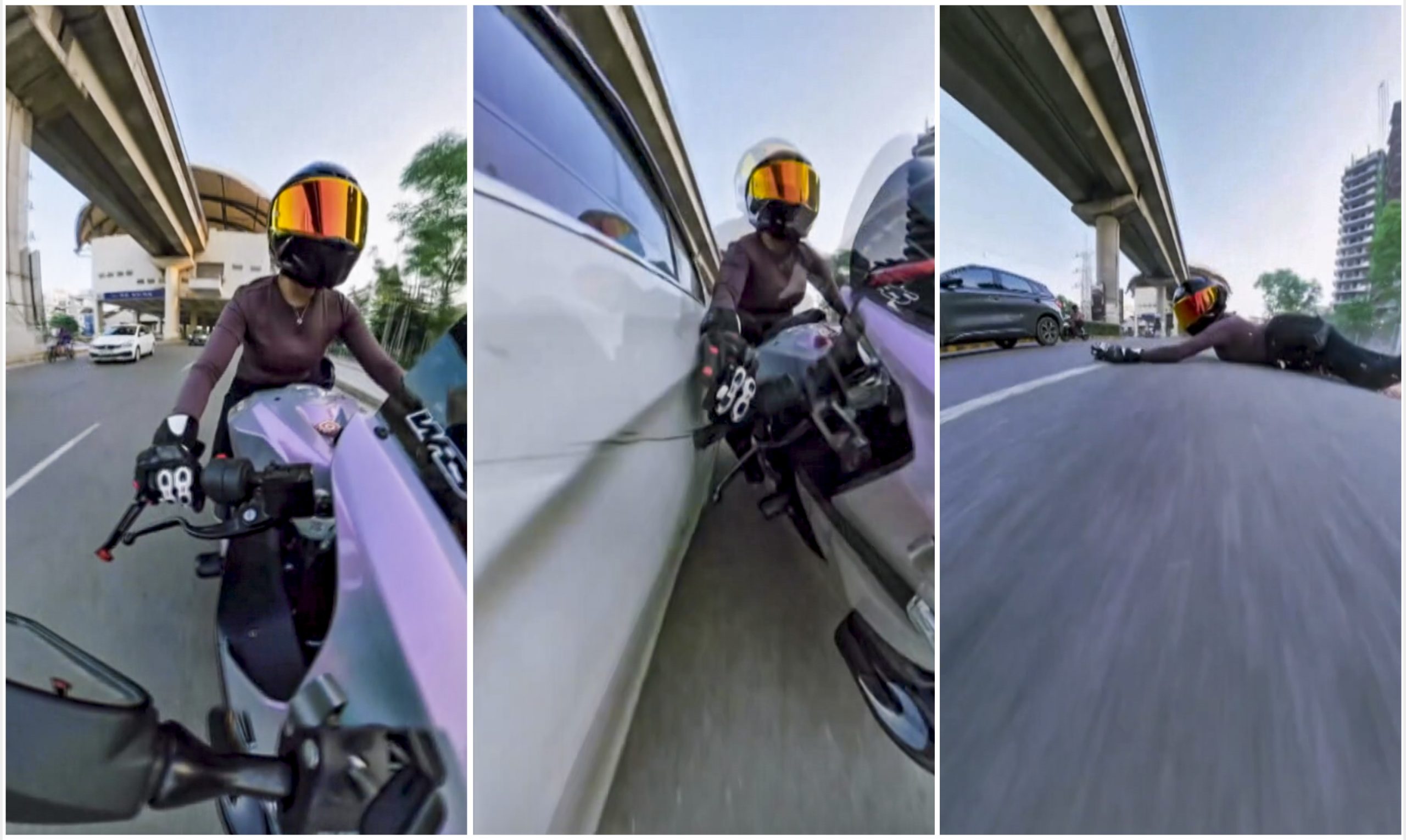 The moment when the car hit her, knocking her off the bike and dragging it for several metres, on Golf Course Road, in Gurugram. Photo: PTI