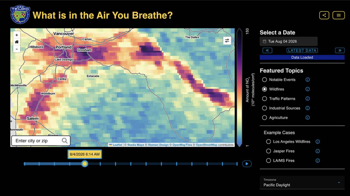 The TEMPO satellite visualizes how nitrogen dioxide (NO2) levels from nearby wildfires caused Portland, Oregon, to have the world’s worst air quality in August 2026. Visitors to the TEMPO Lite website can search for air quality data from all over the nation. Photo: TEMPO LITE / COSMIC DS / NASA SVS via Knowable Magazine