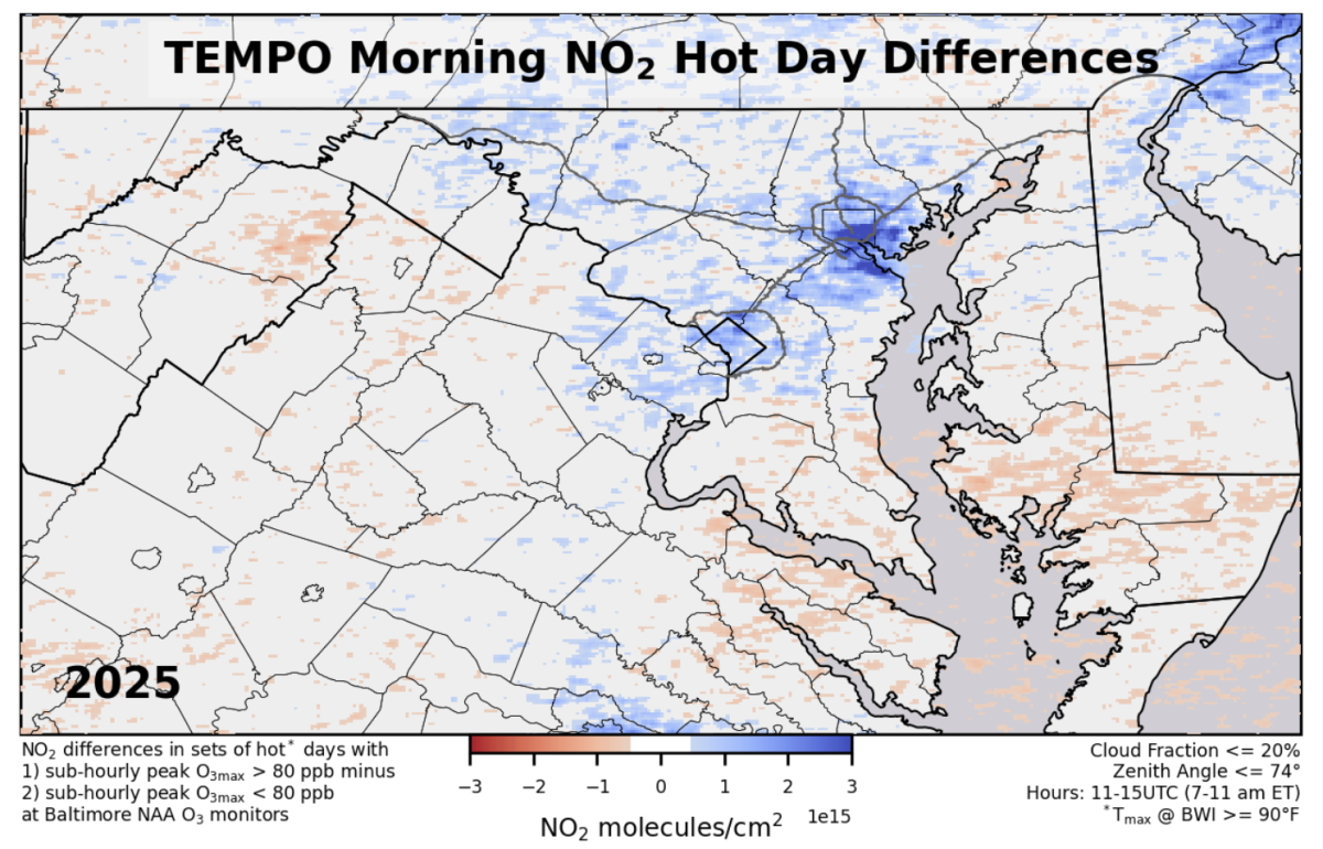 In 2025, Maryland air quality managers used TEMPO to explore why some hot sunny days produced worrisome levels of ozone and some did not. Comparing differences in morning levels of nitrogen dioxide, an ozone precursor, revealed an answer. High ozone days had notably higher levels of NO2 (blue), indicating that the Chesapeake region’s ozone spikes are influenced by both traffic in the Interstate 95 corridor and industrial emissions. Photo: JAMES BOYLE/Knowable Magazine