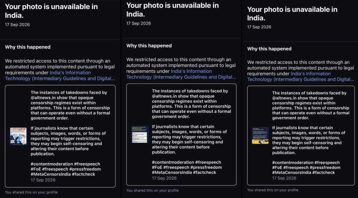 The notifications SFLC received from Meta on Instagram.