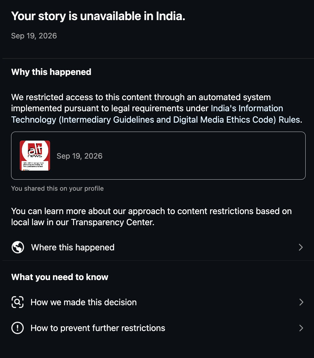 The notification SFLC received from Meta regarding their Instagram story.